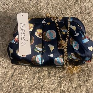 Alessia NWT Caviar & Champagne Print Clutch Gold Chain
